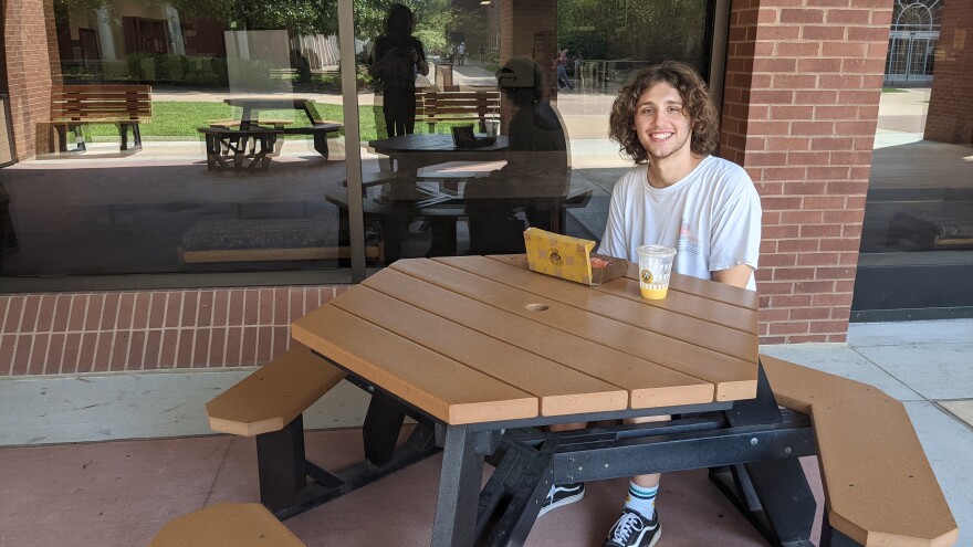 Garret Gallion, a freshman at Murray State university, outside Waterfield Library.