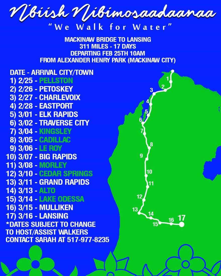 A map of Michigan showing a route that leads from Mackinaw City to Lansing lists dates and destinations.