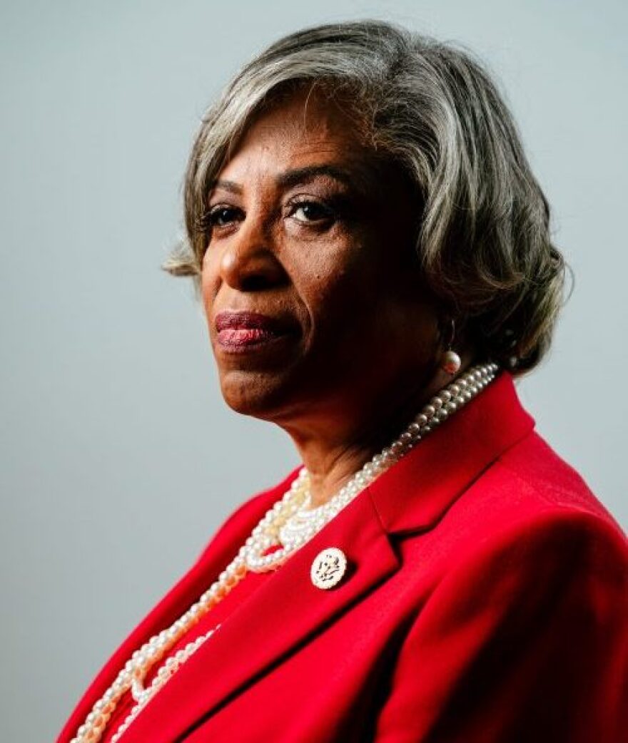 A portrait of former Congresswoman Brenda Lawrence, and she's wearing a red suit jacket and pearls.
