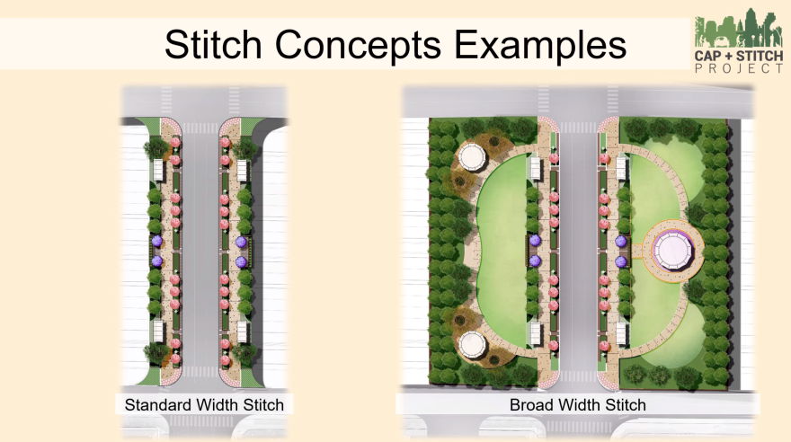 Side-by-side examples of standard width and broad width stitches