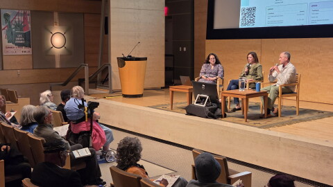 From right, KALW's Executive Producer Ben Trefny, CalMatters Politics Editor Juliet Williams at center stage, and San Francisco Public Press author Lila LaHood in conversation at the San Francisco Main Public Library’s Koret Auditorium.