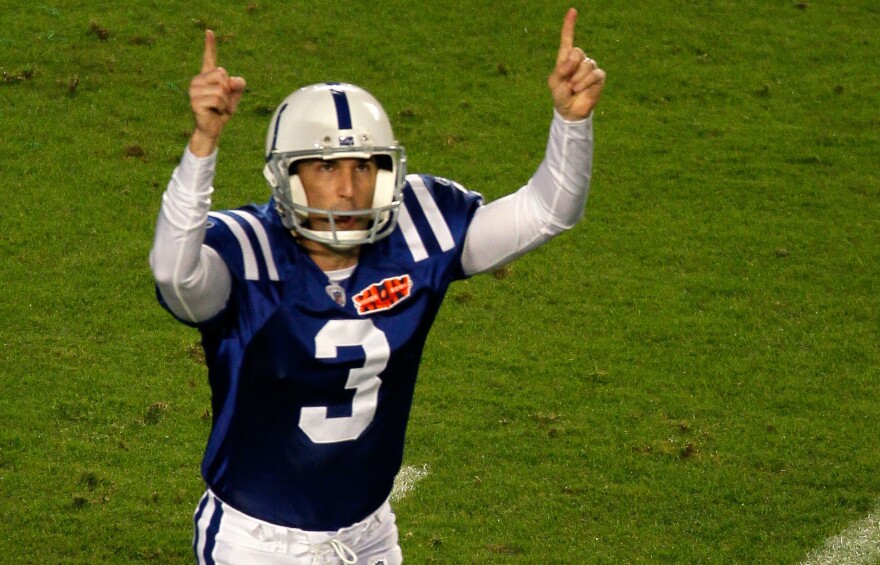 Kicker Matt Stover, then an Indianapolis Colt, celebrates after nailing a field goal against the New Orleans Saints during Super Bowl XLIV in 2010.