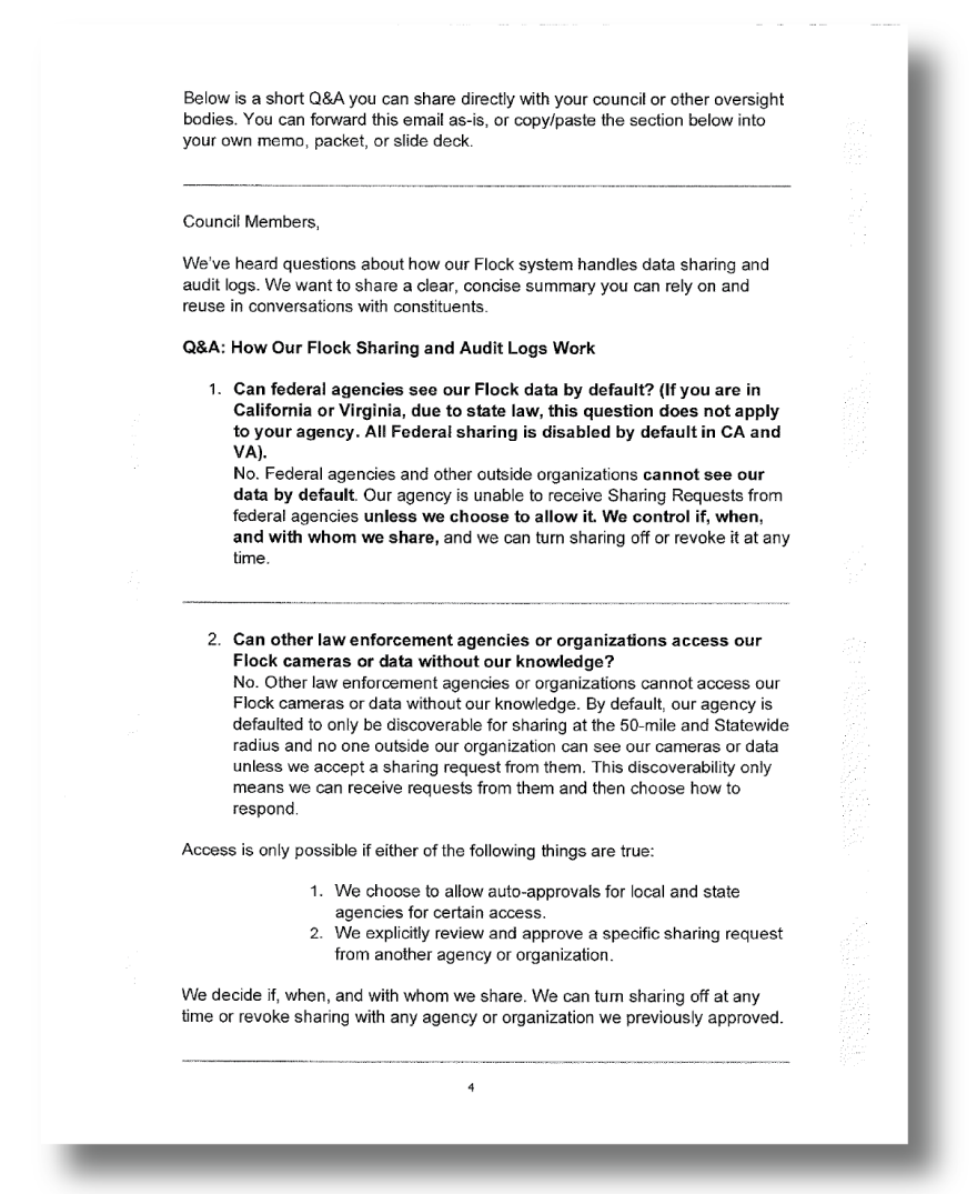 A page from Flock Safety’s letter to William & Mary police chief, Don Butler
