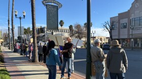 People line a sidewalk with signs during a protest on a sunny afternoon. 