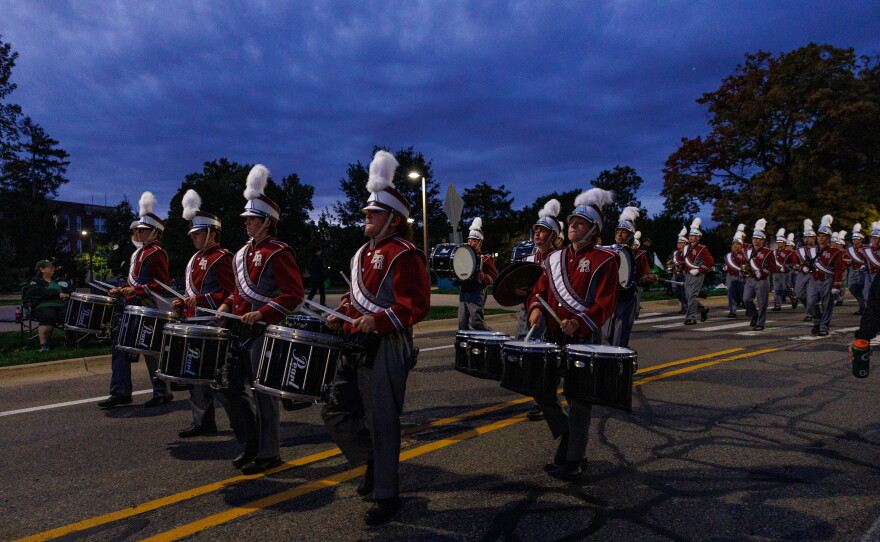 The Eaton Rapids High School marching band performs in the Michigan State University Homecoming Parade in East Lansing, Mich., on Oct. 9, 2026.