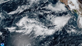 A satellite image shows Tropical Storm Nolo getting close to Hawaiʻi Island Wednesday morning.