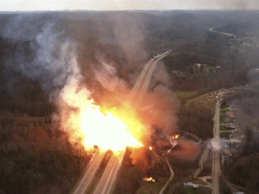 A fireball over Interstate 77 after a gas line ruptured in Sissonville, W. Va. on Tuesday, Dec. 11.