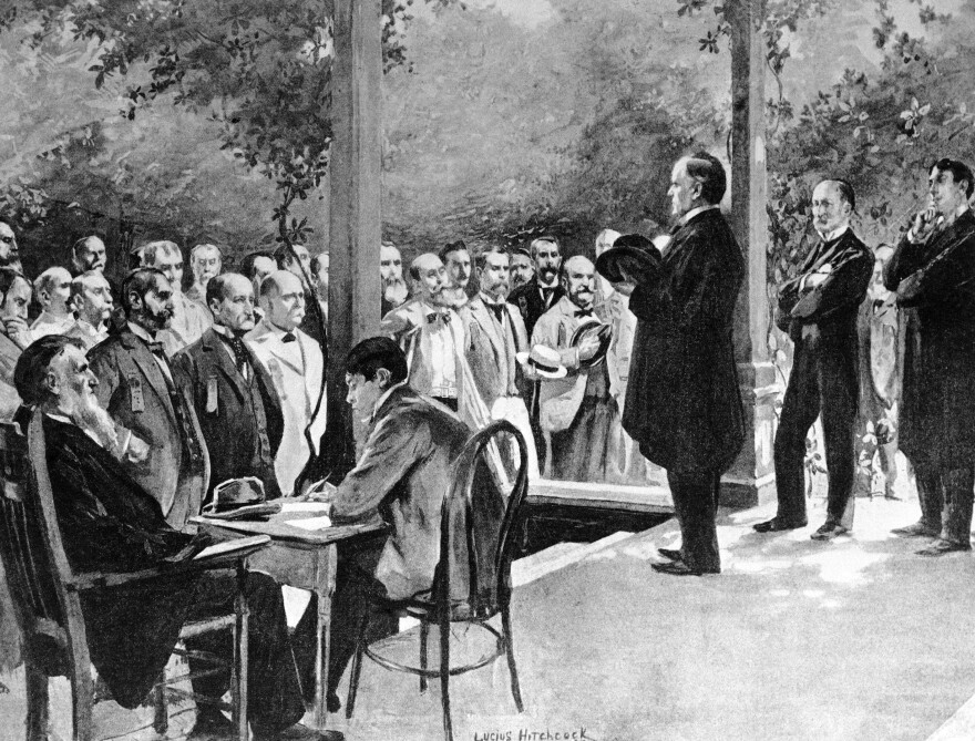 Republican William McKinley makes an elaborate front-porch campaign speech at his home in Canton, Ohio, in 1896.