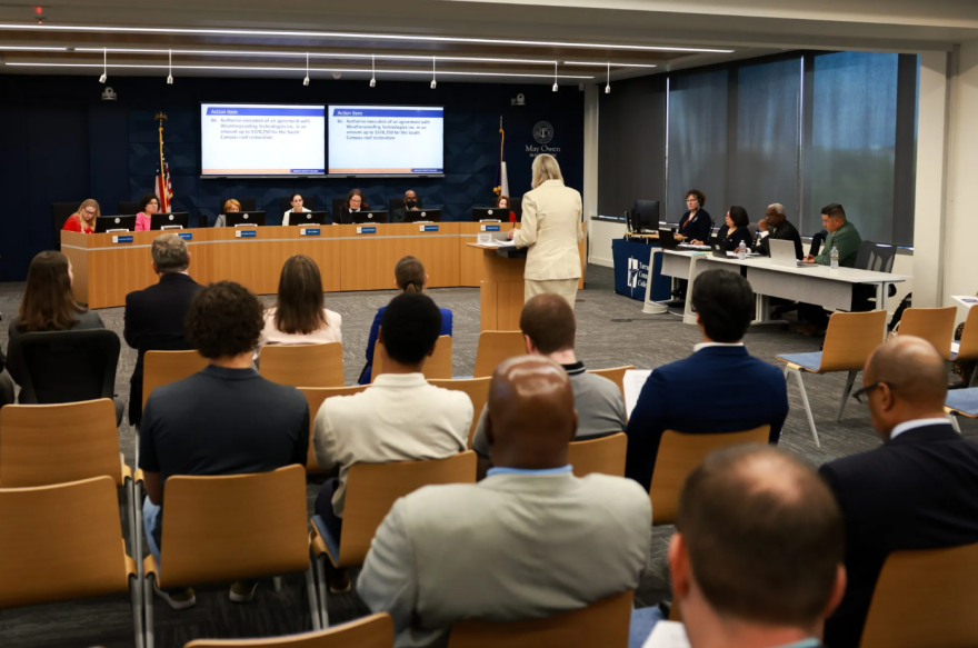Chief Financial Officer Pamela Anglin presents agenda items to trustees during a Tarrant County College board meeting June 18 in the May Owen Boardroom.
