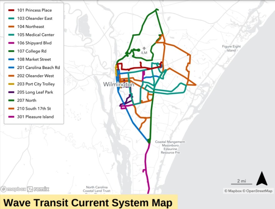 The current Wave Transit Map includes limited coverage of the Northern section of New Hanover County and the Southern section out to Carolina Beach. But routes 207 North and 301 Pleasure Island are set to end service in July, 2022.