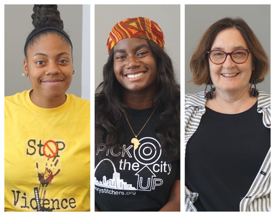 Aug. 6 2019 Tylea Wilson (at left), poet AnnaLise Cason, and Susan Colangelo, St. Louis Story Stitchers CEO.