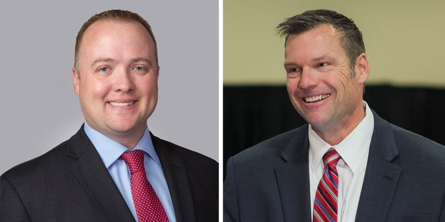  Side-by-side pictures of Democrat Chis Mann and Republican Kris Kobach 