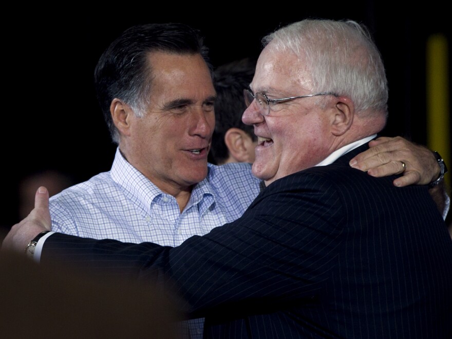 GOP Rep. James Sensenbrenner of Wisconsin (right) greeted former Republican presidential hopeful Mitt Romney at a campaign event last spring. Sensenbrenner sponsored a controversial 2005 House bill on immigration.