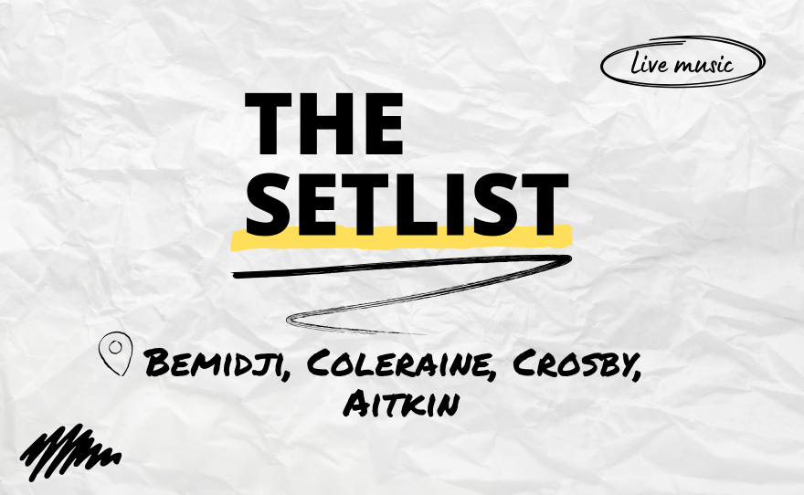 "The Setlist" and "Bemidji, Coleraine, Crosby, Aitkin" written over a crumpled paper background.