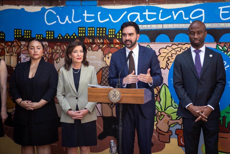 New York City Mayor Zohran Kwame Mamdani, Gov. Kathy Hochul and Schools Chancellor Kamar Samuels appear at an even in Queens on May 19, 2026.