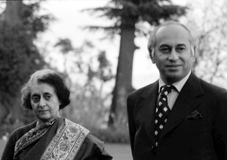 Pakistani leader Zulfikar Ali Bhutto stands with Indian Prime Minister Indira Gandhi before a summit in Simla, India, on June 28, 1972. Bhutto was overthrown in a military coup in 1977 and hanged two years later.