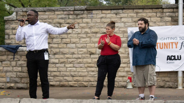 Wichita City Council members Joseph Shepard, Maggie Ballard and Mike Hoheisel speak out against 287(g) agreements during an ACLU protest on Tuesday at Riverside Park.