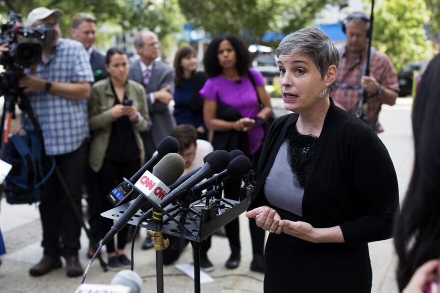 Director of Planned Parenthood Advocates in Missouri M'Evie Mead addresses reporters outside the St. Louis Circuit courthouse on Tuesday, June 4, 2019