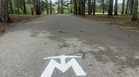 The Mesabi Trail logo is painted in white on the asphalt trail. Trees are visible in the background. 