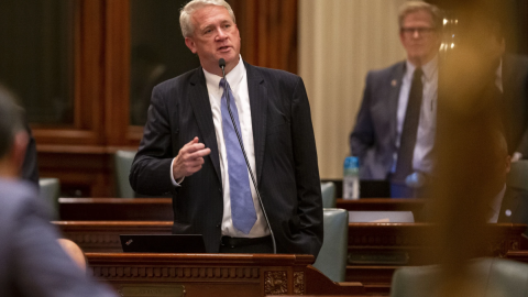 Then-House Republican leader Jim Durkin, R-Western Springs, gives his closing remarks on the floor of the Illinois House of Representatives on the last day of session at the Illinois State Capitol in Springfield June 1, 2021. 