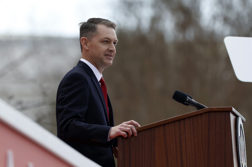 Alabama Secretary of State Wes Allen speaks during his inauguration ceremony in Montgomery, Ala., on Jan. 16. Allen followed through on his campaign promise to pull his state out of ERIC.