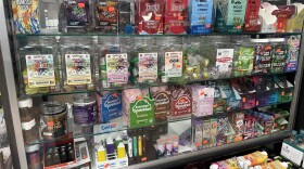 A case of hemp-infused products in a convenience store case in Columbus.