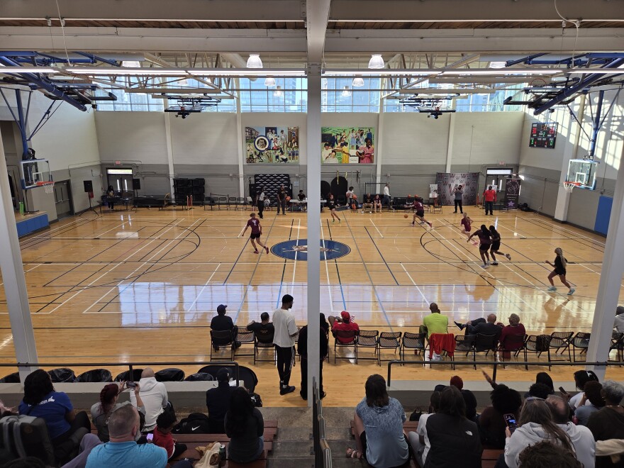 Students face off during the second annual “Business of Basketball” event at Second Ward High School Gymnasium.