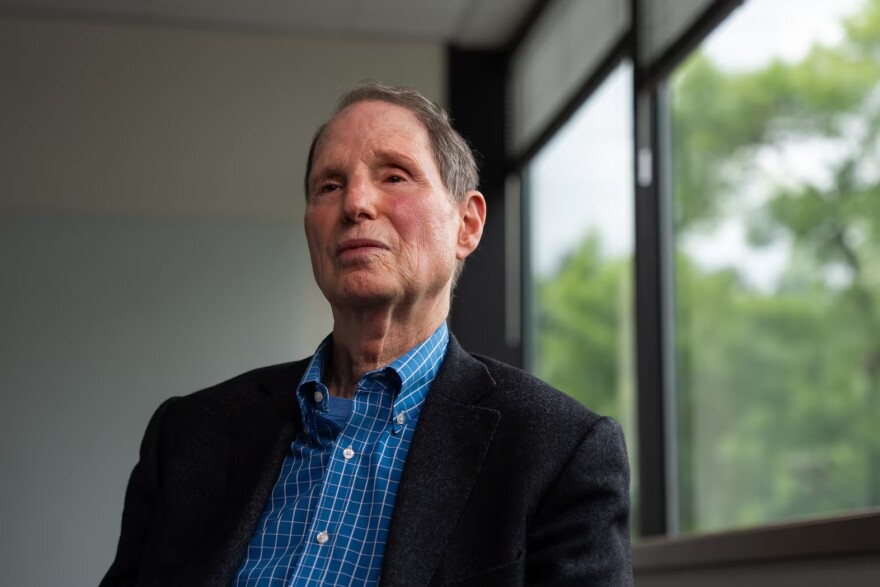 Sen. Ron Wyden, D-Ore., listens to a question during an interview at Oregon Public Broadcasting in Portland, Ore., on May 6, 2026.