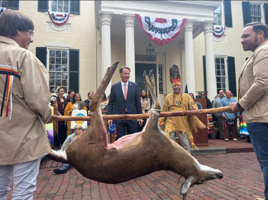 Governor Glenn Youngkin and Mattaponi Chief Mark Falling Star Custalow participate in the 348th Virginia Thanksgiving Tribute ceremony