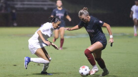 Florida Midfielder Courtney Hogan (16) defends against Alabama Forward Reece Ward (20) as the Florida Gators face the Alabama Crimson Tide at Donald R. Dizney Stadium in Gainesville, Fla., on Thursday, Oct. 8, 2026. (Alexis Moxley/WRUF)