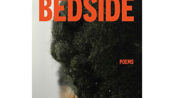 The cover for Black by the Bedside, a book of poems by Khadija Ceesay. The title and author's name are in dark orange text, set against a photo of a woman's black hair.