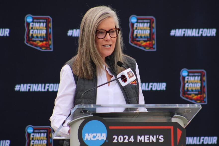 Arizona Gov. Katie Hobbs at a press conference 
