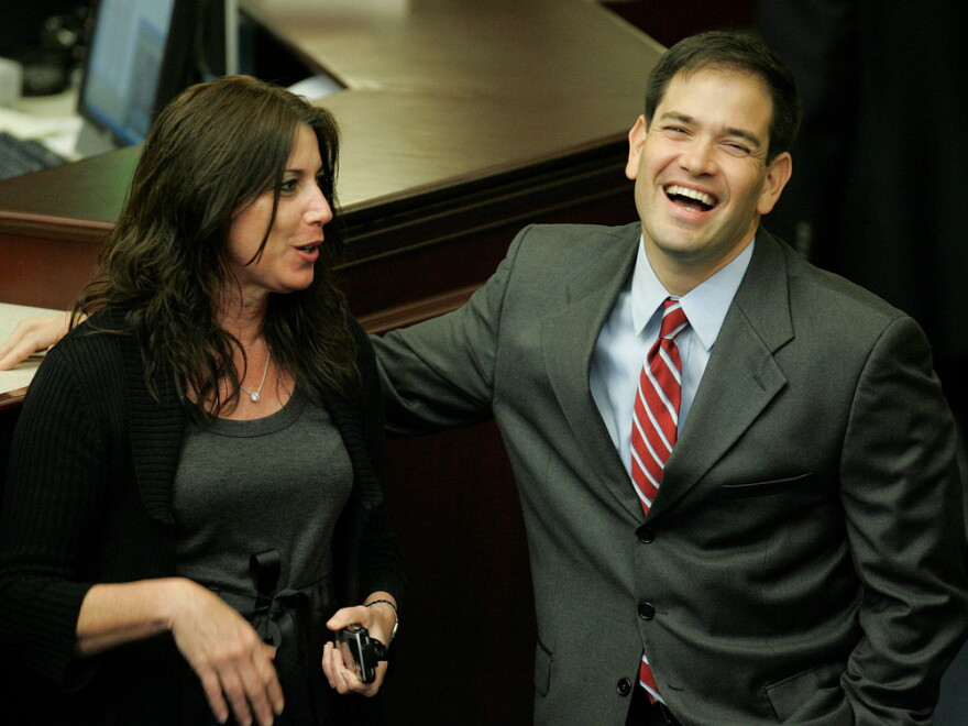 Former Florida House Speaker Marco Rubio  shares a moment with state Rep. Ellyn Bogdanoff during his visit to the House chamber in Tallahassee in April.
