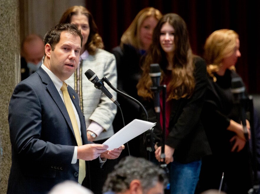Rep. Aaron Griesheimer (R-Washington) gives a farewell speech on Wednesday during the first day of the legislative session.