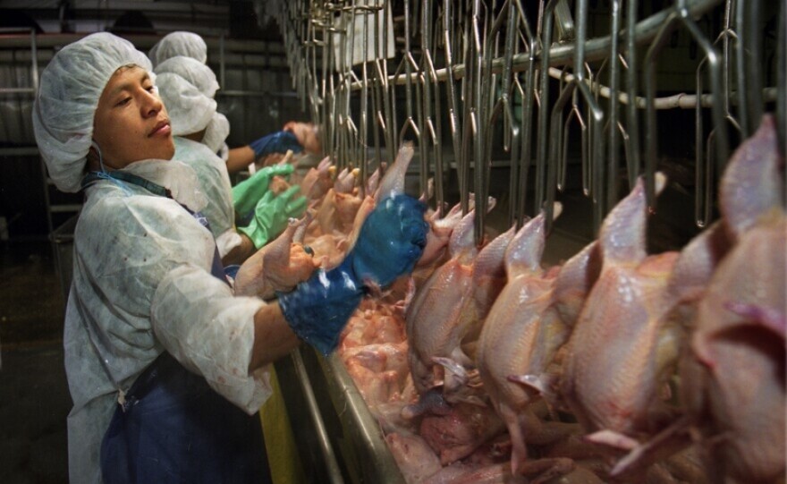 Employees work to process chickens in a meat plant. Tyson's investments in automation will largely impact its chicken deboning operations.