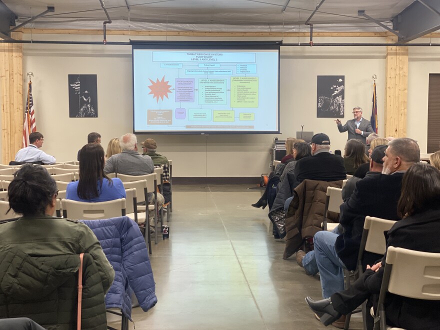 John Van Dreal on threat assessment and prevention of mass shootings during a joint Montrose County School District and law enforcement training.