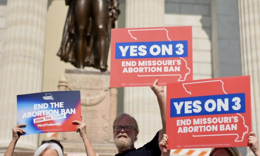 Supporters of Amendment 3 celebrate on Tuesday, Sept. 10, 2024, on the steps of the Missouri Capitol after the state Supreme Court ruled the abortion-rights measure could remain on the ballot (Anna Spoerre/Missouri Independent).