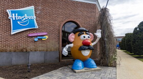 Mr. Potato Head waves outside of the headquarters of Hasbro Inc. in Pawtucket, R.I. (Jesse Costa/WBUR)