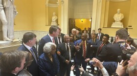 Virginia Gov. Glenn Youngkin, third from left, and legislative leaders speak to media inside the state Capitol on Wednesday, April 17, 2024, in Richmond, Va. Youngkin and Democratic leaders announced they had reached an agreement to extend the timeline for budget talks into a May special session.
