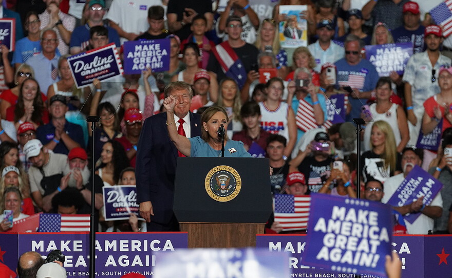 President Donald Trump and Sen. Darline Graham at the Myrtle Beach Convention Center on Aug. 21, 2026.