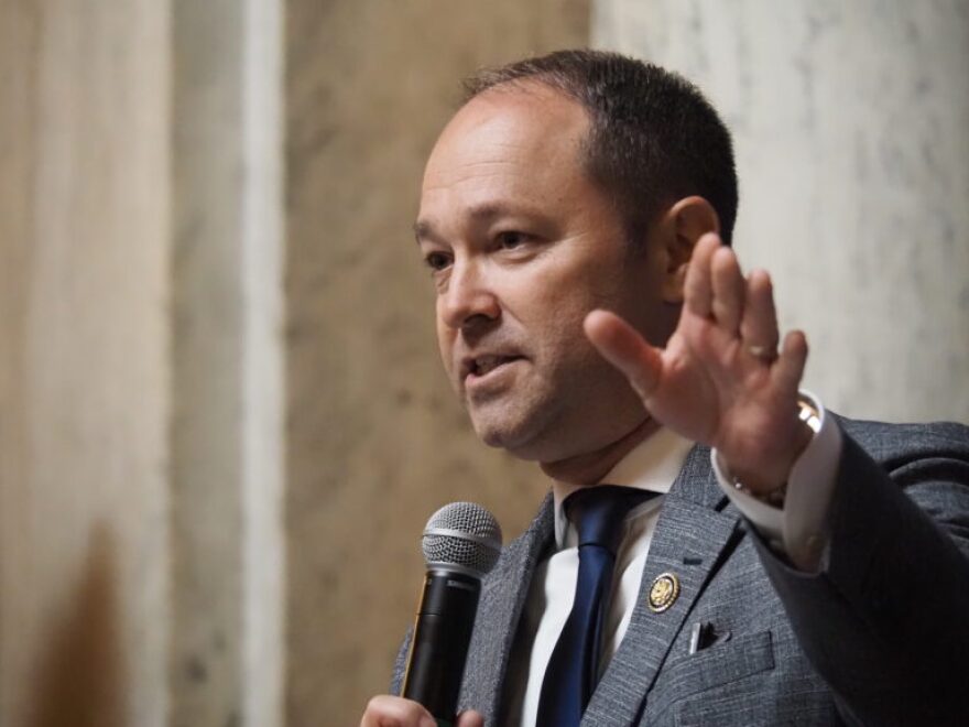 U.S. Rep. Marlin Stutzman speaks at a pro-redistricting rally at the Indiana Statehouse on Friday, Dec. 5, 2025.