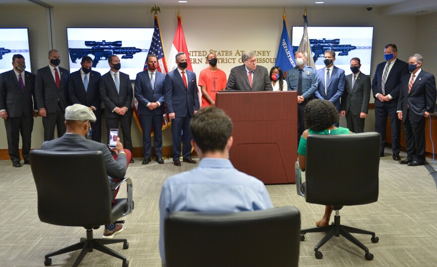 U.S. Attorneys General from eight states, along with the parents of LeGend Talifero, Kansas City Police Chief Rick Smith and FBI officials join U.S. Attorney General William P. Barr at a press conference Wednesday at the Charles Evans Whittaker Courthouse in Kansas City.