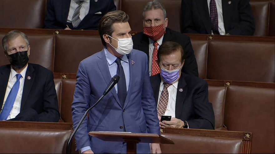 FILE - In this Jan. 6, 2021, file image from video, Rep. Matt Gaetz, R-Fla., speaks as the House reconvenes to debate the objection to confirm the Electoral College vote from Arizona, after protesters stormed into the U.S. Capitol. (House Television via AP)