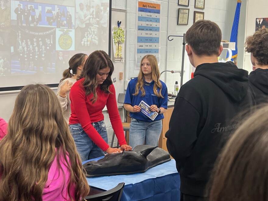 Students demonstrate administering medicine to animals in their agriculture class at Vienna High School.