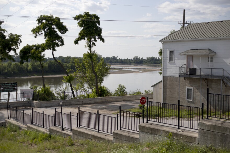 Buildings line the riverbank on Monday, June 12, 2023, at a Missouri River overlook in Glasgow, Mo. During the flood in 1993 houses and buildings along the river were flooded and destroyed.