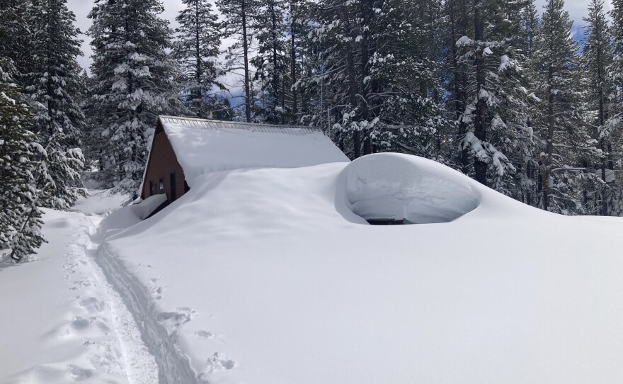 A building at UC Berkeley's Central Sierra Snow Lab, buried in snow on March 30th, 2023.