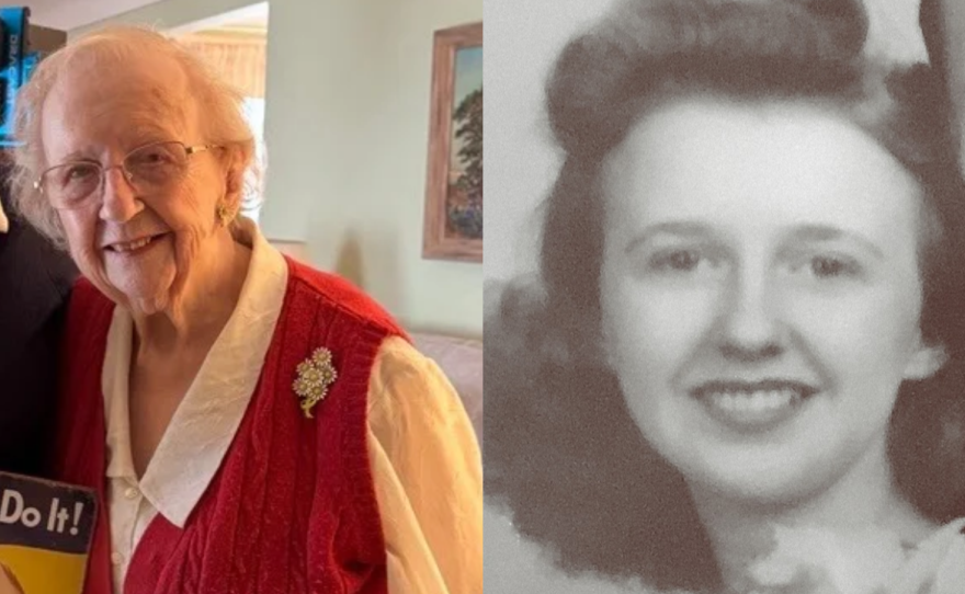 Side by side picture of Betty Sharrer, a WWII Rosie the Riveter
