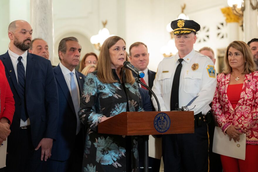 State Sen. Lisa Baker speaks about Senate Bill 1284 during a press conference Monday afternoon, May 4, 2026 in the Capitol Rotunda in Harrisburg. Among those listening, from left, are Scranton Police Det. Kyle Gilmartin, Wyoming County District Attorney Joe Peters, Lackawanna County District Attorney Brian Gallagher and state Sen. Rosemary Brown, who co-sponsored the legislation.
