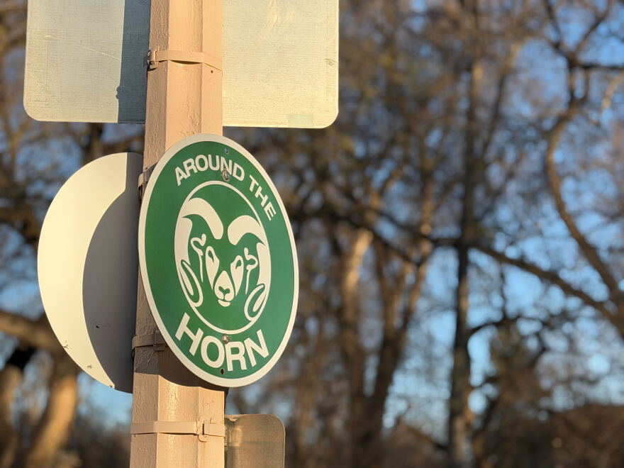 The CSU Rams logo on a street sign.