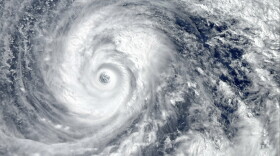 Eye of the Hurricane. Hurricane on Earth. Typhoon over planet Earth.. Category 5 super typhoon approaching the coast. View from outer space. 